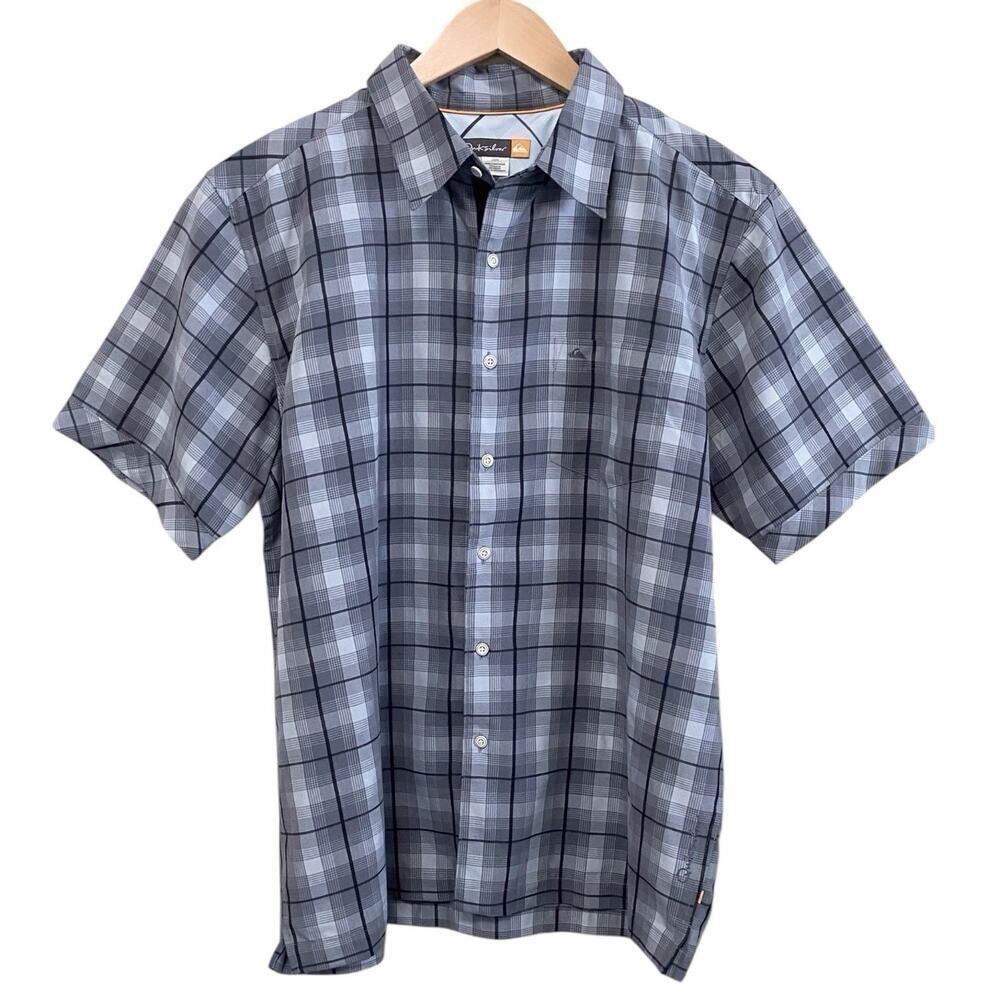 Quiksilver Mens Size Large Gray Black Plaid Button Up Shirt Short Sleeve